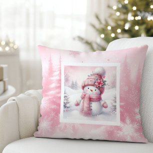 Classic Pink Snowman Winter Scene Kids Gift Pillow