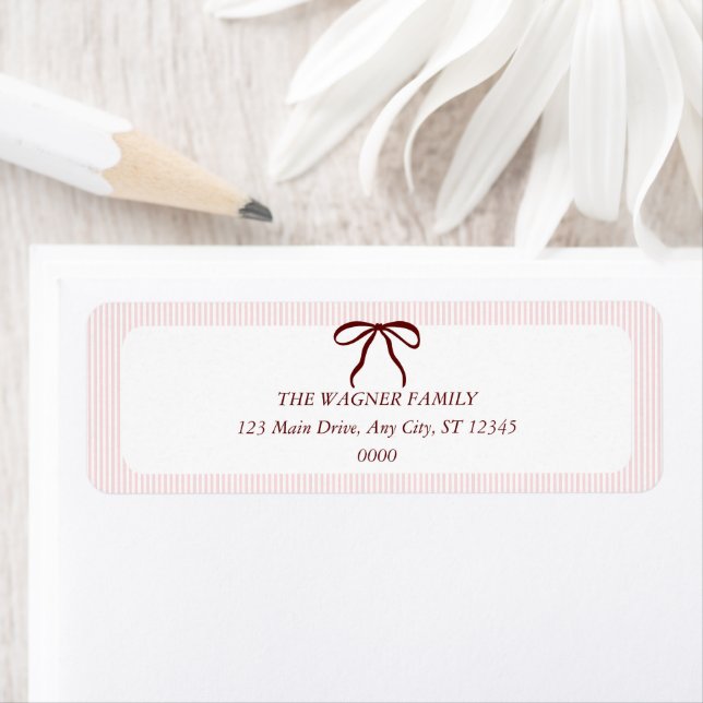 Classic Pink Stripes Red Bow Christmas Return Address Label (Insitu)