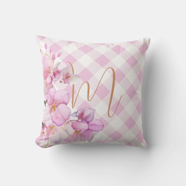 Classic pink white gingham floral monogram cushion (Front)