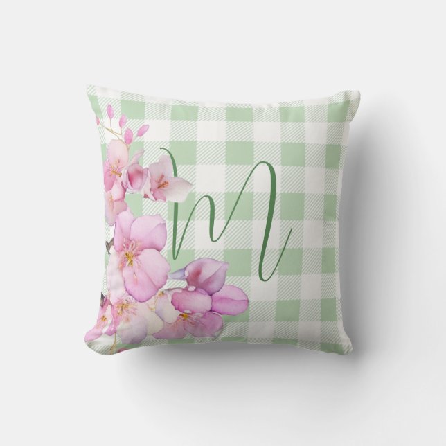 Classic pink white gingham floral monogram cushion (Front)