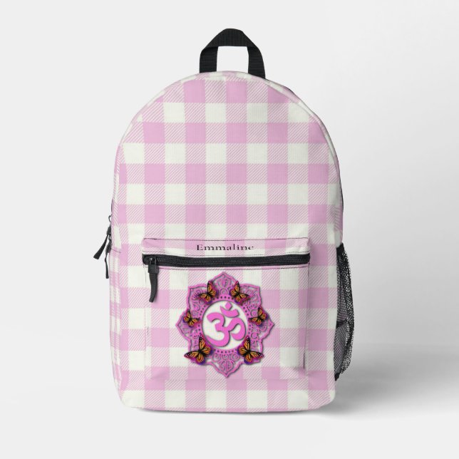 Classic pink white plaid butterflies ohm chakra printed backpack (Front)