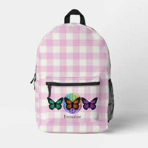 Classic pink white plaid butterfly flower of life printed backpack