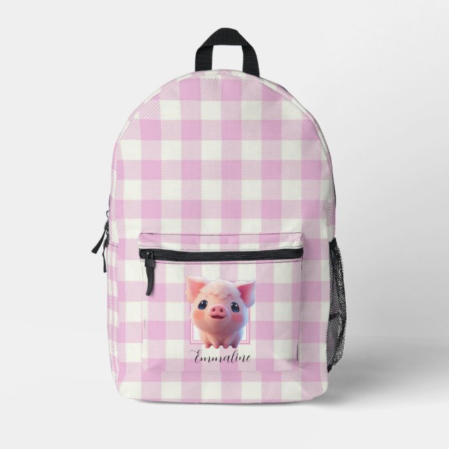 Classic pink white plaid pink pig personalise  printed backpack (Front)