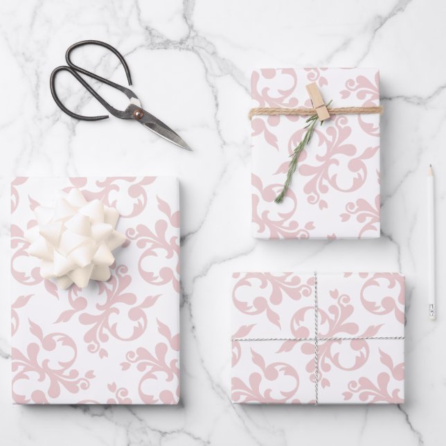 Classic Pink White Rococo Pattern Christmas Wrapping Paper Sheet (Front)