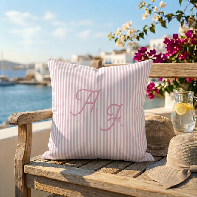 Classic Pink White Stripe Coastal Monogram Cushion (Creator Uploaded)