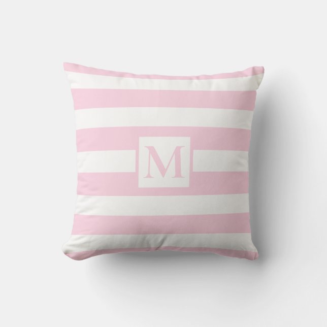 Classic pink white strips monogram  cushion (Front)
