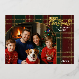 Classic Plaid Arch Photo Christmas Foil Card