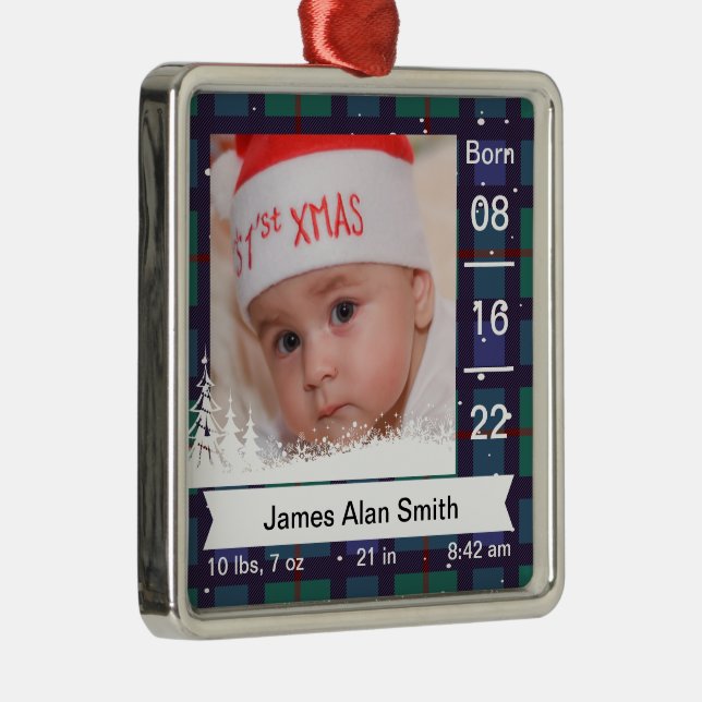 Classic Plaid Baby’s First Photo, Name, & Stats Metal Ornament (Right)