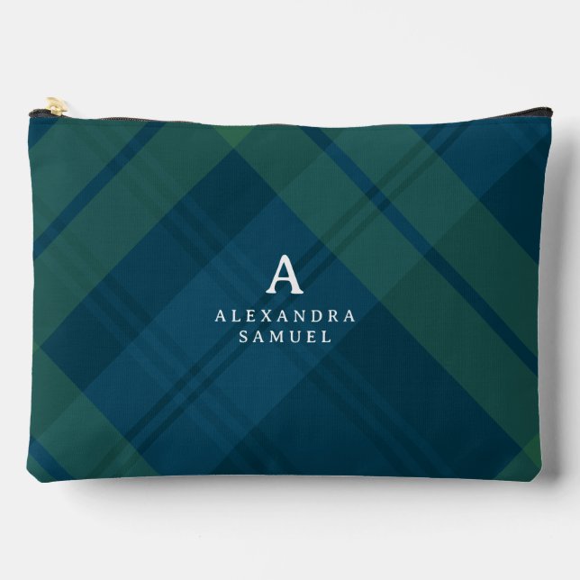 Classic plaid bold navy green initial name accessory pouch (Front)