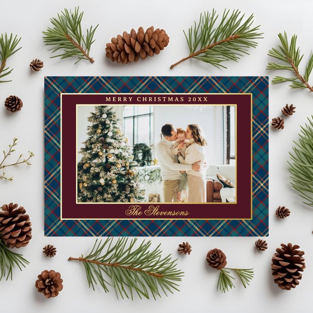 Classic Plaid Burgundy Red Photo Christmas Gold Foil Holiday Card (Creator Uploaded)