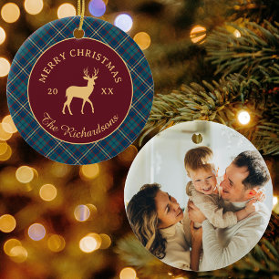 Classic Plaid Burgundy Reindeer Christmas Photo Ceramic Ornament