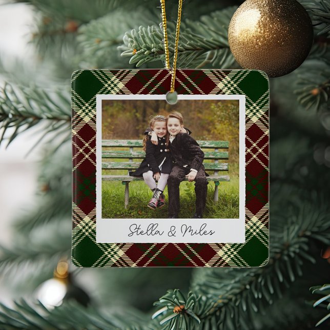 Classic Plaid Double Sided Personalised Photo Ceramic Ornament (Creator Uploaded)