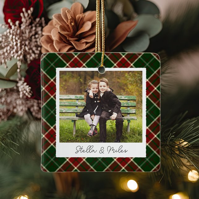 Classic Plaid Double Sided Personalised Photo Ceramic Ornament (Creator Uploaded)