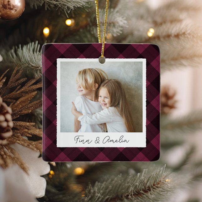 Classic Plaid Double Sided Personalised Photo Ceramic Ornament (Creator Uploaded)