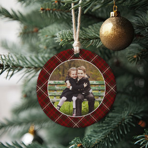 Classic Plaid Double-Sided Photo Christmas Ceramic Ornament