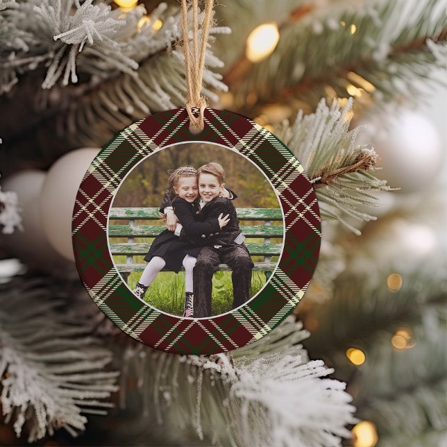 Classic Plaid Double-Sided Photo Christmas Ceramic Ornament (Creator Uploaded)