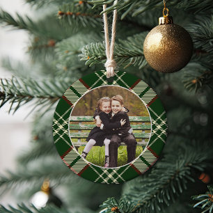 Classic Plaid Double-Sided Photo Christmas Ceramic Ornament