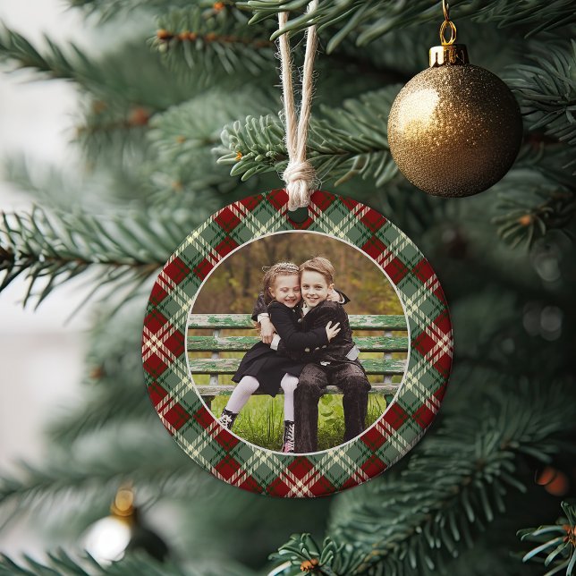 Classic Plaid Double-Sided Photo Christmas Ceramic Ornament (Creator Uploaded)