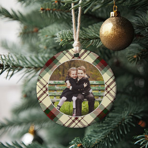 Classic Plaid Double-Sided Photo Christmas Ceramic Ornament