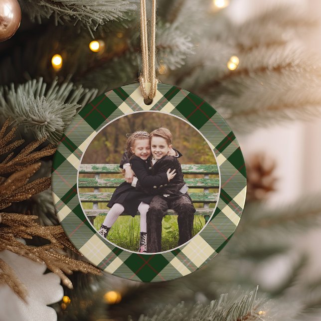 Classic Plaid Double-Sided Photo Christmas Ceramic Ornament (Creator Uploaded)