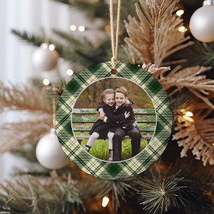 Classic Plaid Double-Sided Photo Christmas Ceramic Ornament