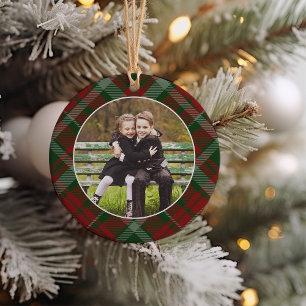 Classic Plaid Double-Sided Photo Christmas Ceramic Ornament