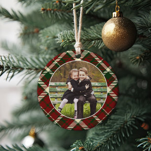 Classic Plaid Double-Sided Photo Christmas Ceramic Ornament