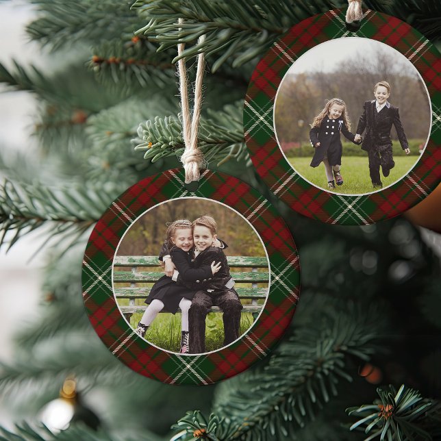 Classic Plaid Double-Sided Photo Christmas Ceramic Ornament (Creator Uploaded)