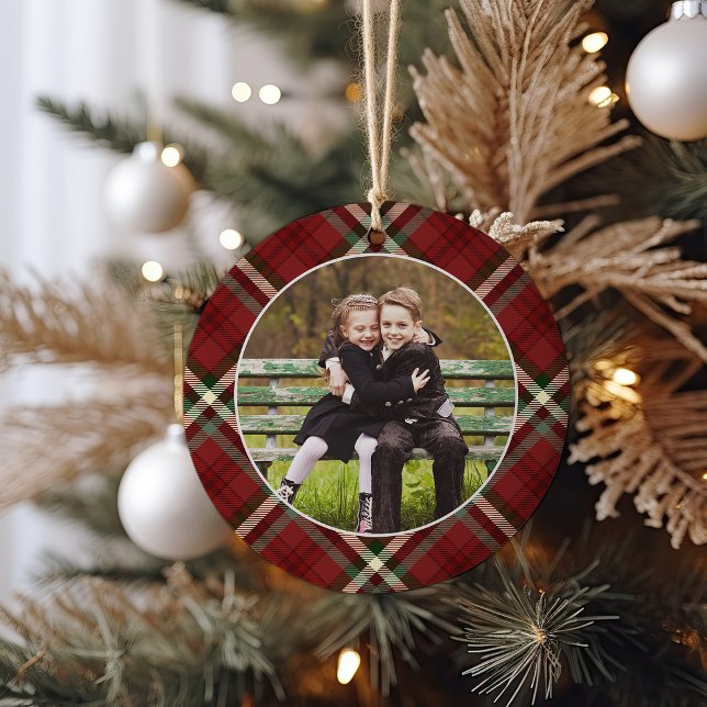 Classic Plaid Double-Sided Photo Christmas Ceramic Ornament (Creator Uploaded)