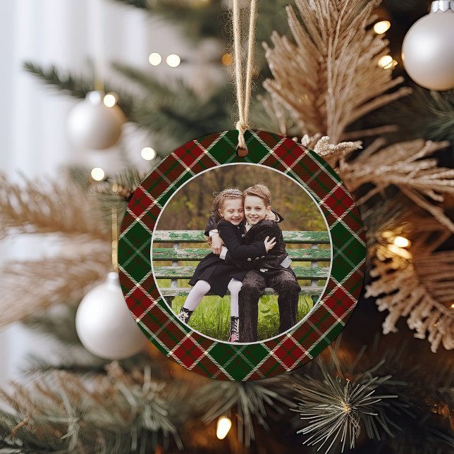 Classic Plaid Double-Sided Photo Christmas Ceramic Ornament (Creator Uploaded)