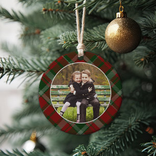 Classic Plaid Double-Sided Photo Christmas Ceramic Ornament