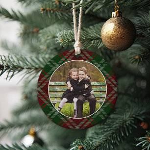Classic Plaid Double-Sided Photo Christmas Ceramic Ornament