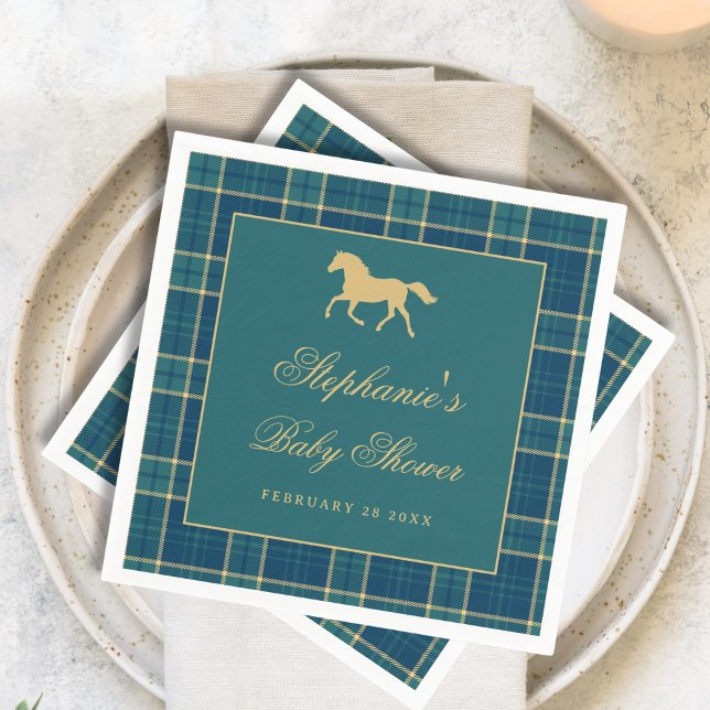 Classic Plaid Golden Horse Equestrian Baby Shower Napkin (Creator Uploaded)