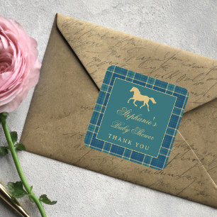 Classic Plaid Golden Horse Equestrian Baby Shower Square Sticker