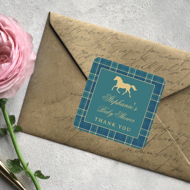 Classic Plaid Golden Horse Equestrian Baby Shower Square Sticker (Creator Uploaded)