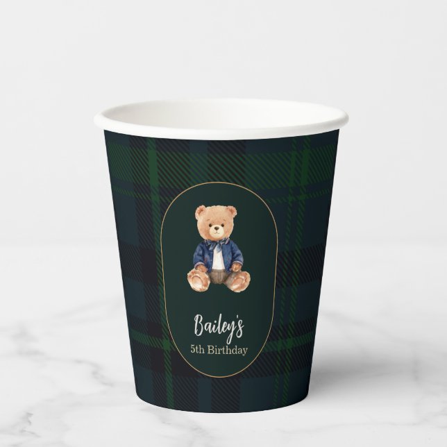 Classic Plaid Little Bear Birthday Paper Cups (Front)