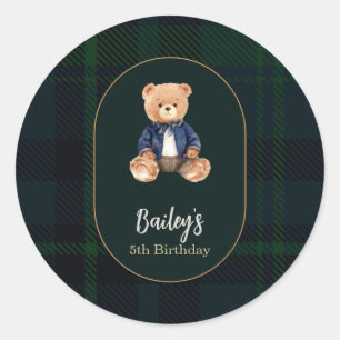 Classic Plaid Little Bear Birthday Round Sticker