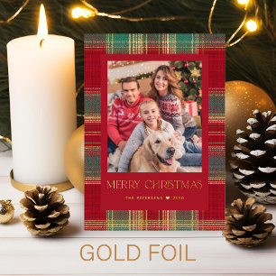 Classic plaid Merry Christmas 1 photo red gold Foil Holiday Card