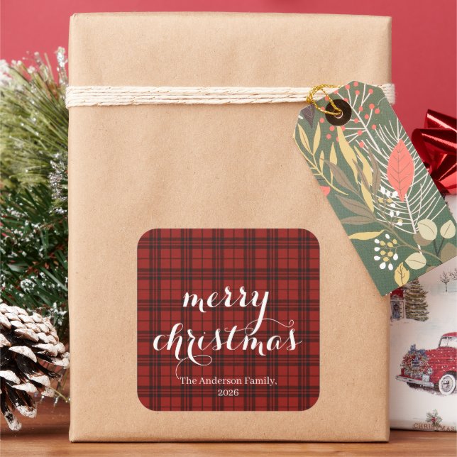 Classic Plaid Merry Christmas Festive -  Square Sticker (Holiday)