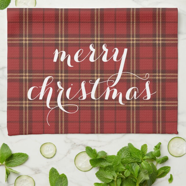 Classic Plaid Merry Christmas Festive -  Tea Towel (Folded)