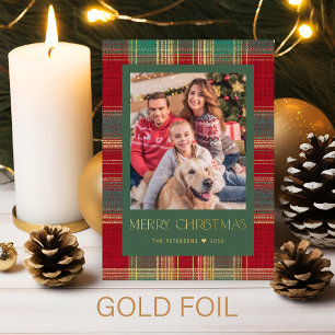 Classic plaid Merry Christmas photo green gold Foil Holiday Card