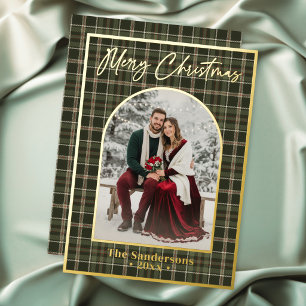 Classic Plaid Merry Christmas Script Arch Photo Foil Holiday Card
