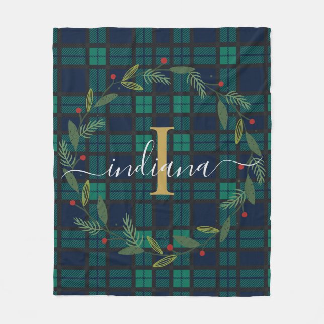 Classic Plaid Monogram Christmas Wreath Tartan Fleece Blanket (Front)
