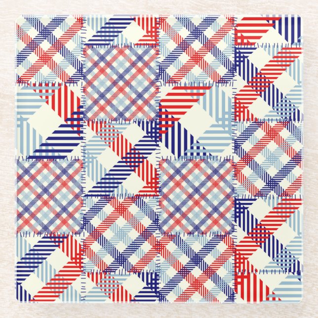 Classic Plaid Patchwork: Squares Pattern Glass Coaster (Front)