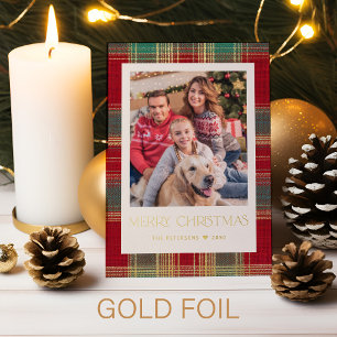 Classic plaid pattern Merry Christmas 1 photo gold Foil Holiday Card