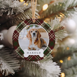 Classic Plaid Personalised Pet Dog Photo & Name Ceramic Ornament
