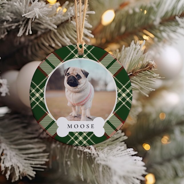 Classic Plaid Personalised Pet Dog Photo & Name Ceramic Ornament (Creator Uploaded)
