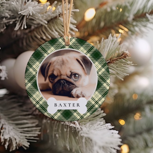 Classic Plaid Personalised Pet Dog Photo & Name Ceramic Ornament (Creator Uploaded)