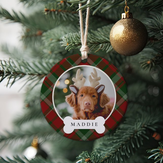Classic Plaid Personalised Pet Dog Photo & Name Ceramic Ornament (Creator Uploaded)