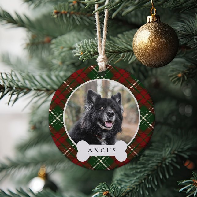 Classic Plaid Personalised Pet Dog Photo & Name Ceramic Ornament (Creator Uploaded)